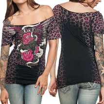 Sinful Smoking Beauty Guns Roses Angel Wings Leopard Womens Scoop T-Shir... - £38.84 GBP