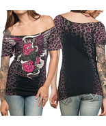 Sinful Smoking Beauty Guns Roses Angel Wings Leopard Womens Scoop T-Shir... - £38.38 GBP