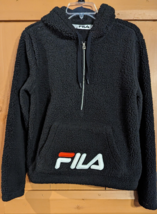 FILA CozyUp Pullover Black Hoodie Fleece Sherpa Logo Kangaroo Pocket 1/2... - £12.09 GBP
