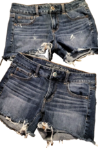 Lot 2 American Eagle Sz 4 Shortie Shorts Jean Distressed Stretch Cut Off Ripped - £19.06 GBP