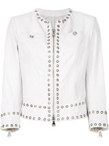 Customized Women&#39;s White Color Real Leather Silver Studded Double Zipper Jacket - £133.16 GBP