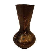 Vintage Solid Brass Bronze Etched Flowers Decor Small Mini Bud Vase India 3.5&quot;t - £9.72 GBP
