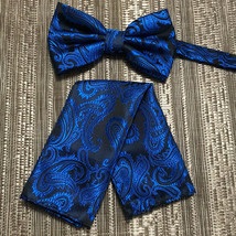 New Men Royal Blue BUTTERFLY Bow tie And Pocket Square Handkerchief Set Wedding - £8.51 GBP
