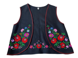 VTG Embroidered Floral Wool Felt Vest Size Large Black Womens Boho Whimsycore - £25.06 GBP