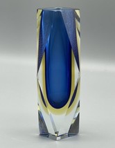 Vintage Italian Glass Cut Bud Vase Multi Faceted Blue Yellow 6 3/8&quot; Mura... - $139.02