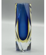 Vintage Italian Glass Cut Bud Vase Multi Faceted Blue Yellow 6 3/8&quot; Mura... - £110.98 GBP