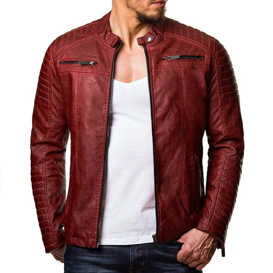 Men's Slim Fit Cafe Racer Motorcycle Red Real Leather Jacket