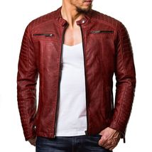 Men&#39;s Slim Fit Cafe Racer Motorcycle Red Real Leather Jacket - £44.03 GBP+