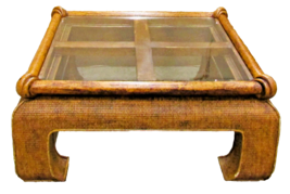 Vintage Large Square Coastal Cane, Rattan and Wood Coffee Table With Gla... - $692.01