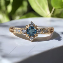 Round London Blue Topaz Ring Vintage Gold Plated Floral Promise Ring Art Deco - $99.99