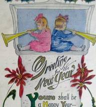 New Years Postcard 1916 Artist H B Spencer Children Blowing Horns Dubuque Iowa - £29.40 GBP