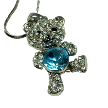 Rhinestone Articulated Teddy Bear Figural Shape Pendant Silver Tone Necklace 17&quot; - £9.74 GBP