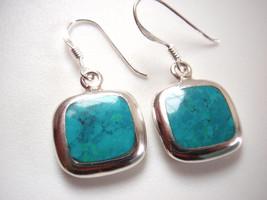 Simulated Turquoise Genuine Mother of Pearl 925 Sterling Silver Square E... - £14.15 GBP