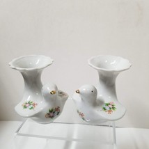 2 White Dove Bud Vases Vintage Pink Floral Small 3 1/2&quot; Gold Beak Figurines - £7.17 GBP