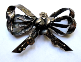 Vintage HOBE Sterling Silver Brooch Pin BOW ROSES 2.75&quot; Wide NICE - £140.28 GBP