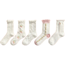 5 Pairs of Floral White Socks w/ Pink Flowers, Texture, Ruffle Trim New Lot - £13.23 GBP