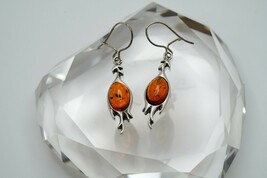 Vintage Sterling Silver Amber Chicken Dangle Earrings Signed 4.9cm P1 - $45.14
