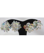 Vtg Clip Earrings - Gorgeous AB Clear Faceted Disc Glass Beads - £16.02 GBP