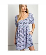 Allover Daisy Soft Printed Puff Sleeve Babydoll Back Tied Dress - $56.86 CAD