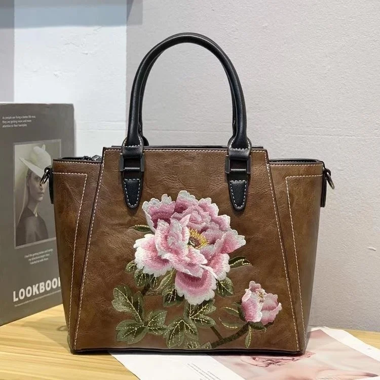  Women&#39;s Shoulder Bag Leather Hand Bags For Women 2024  Embroidery Flower Ladies - £64.00 GBP