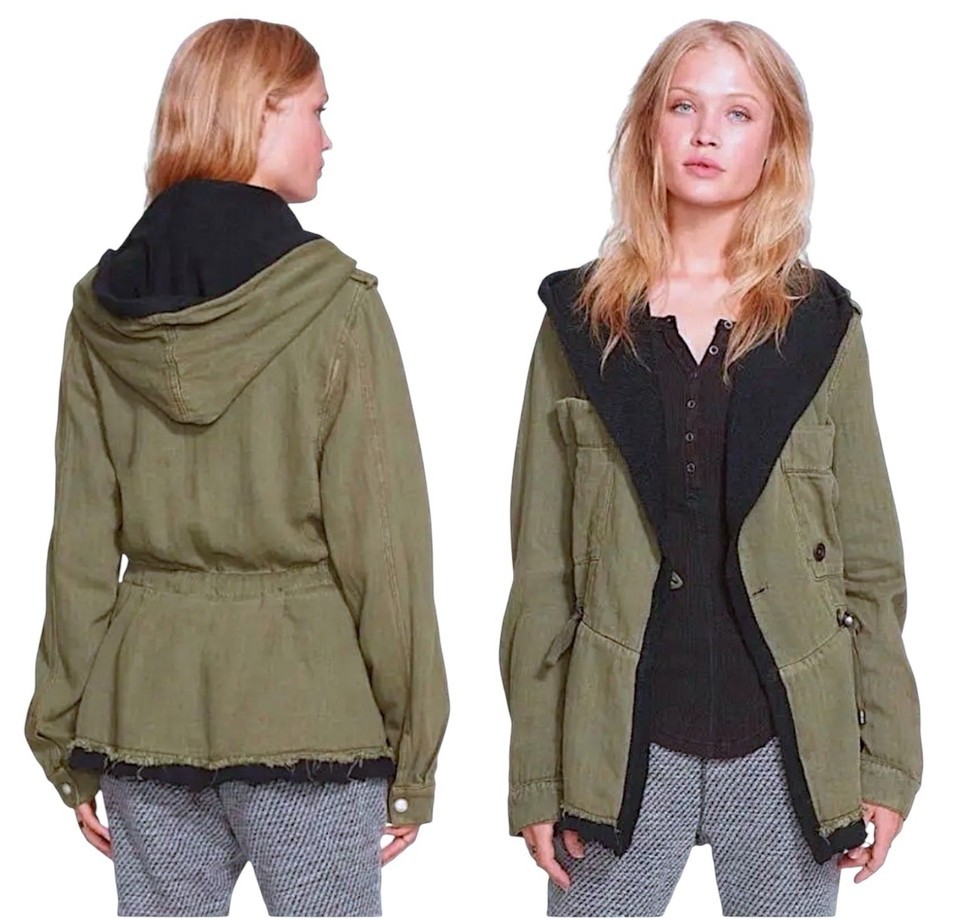 $168 Free People Hooded Slouchy Jacket Small Olive Drawcord Waist Fleece... - $75.54