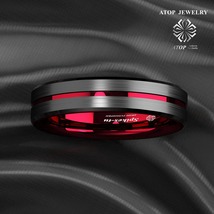 6mm Black Tungsten Carbide Thin Red Line Wedding Band Ring ATOP Men&#39;s Jewelry - £27.59 GBP