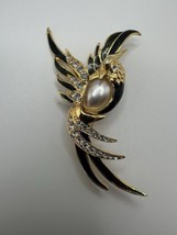 Vintage Gold Green Blue Faux Pearl Bird Brooch 7.5cm - $29.70