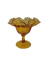 Vintage FENTON Amber Glass Ruffled Edge Thumbprint Pedestal Compote Cand... - $14.83
