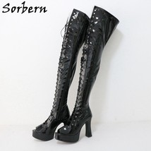 Black Fetish Crotch Thigh Boots For Drag Queen Shoes Open Toe Platform Open Fron - $312.67