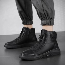 Sneakers Casual Shoes for Men Pu Leather Boots Comfortable Flat Soled High Top M - £38.10 GBP