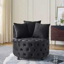 Velvet Upholstered Swivel Chair for Living Room, with Button Tufted - Black - £165.59 GBP