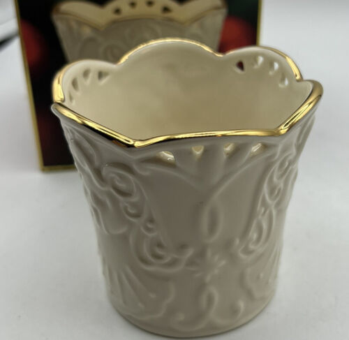 Primary image for Figurine Lenox Ivory Votive Tea Lights Angles  Merry Lights Gold Trim 3.5 Ins.