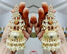 Gold Plated Indian Ethnic Tribal Jewelry Kundan Light Weight Jhumka Earrings Set - £29.75 GBP