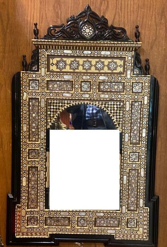 Primary image for Wall Mounted Mirror, Wood Frame Inlaid Mother of Pearl & Camel Bone