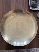 Vintage Asian Brass Serving Bowl Wall Decor W/  Etched Symbols  hong kong - $19.35