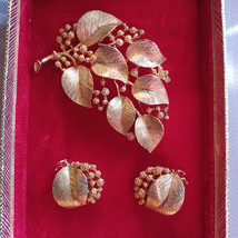 Vintage Lisner Gold Toned Leaves Berries Brooch with matching Clip-On Ea... - $452.37 MXN