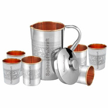 Copper Steel Water Pitcher Jug Embossed 6 Drinking Tumbler Glass Health ... - $71.59