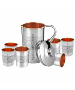 Copper Steel Water Pitcher Jug Embossed 6 Drinking Tumbler Glass Health ... - £56.31 GBP