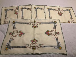 Lot Of 5 Vintage Hand Embroidered Cross-Stitch Napkins Table Scapes Multi-Color - £61.52 GBP