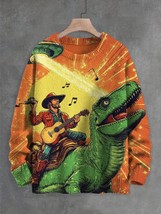 Men&#39;s Western Cowboy Playing Guitar Dinosaur UFO Art Print Knit Sweatshirt - £25.32 GBP