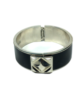 Vince Camuto Signed Hinged Bangle Bracelet Black Enamel Silver Tone Metal - £12.02 GBP