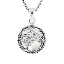 Fierce and Noble Wolf White SeaShell Sterling Silver Round Pendant Necklace - £17.49 GBP