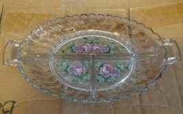 029 Vintage Clear Glass Hand Painted Design Pickle Relish Dish Segmented 13x7 - £12.78 GBP