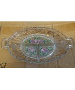 029 Vintage Clear Glass Hand Painted Design Pickle Relish Dish Segmented 13x7 - $15.99