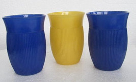 Hazel Atlas Ribbed Juice Glasses, In Blue &amp; Yellow Depression Collectible Glasse - £38.52 GBP