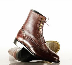 Handmade Men Brown Pebbled Leather Wing Tip Brogue Lace Up Boots, Men Ankle Boot - £127.88 GBP