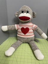 Dan Dee Collectors Choice Sock Monkey 21” Brown w/Striped Sweater &amp; Pink Heart - $29.69