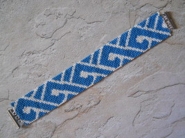 Bracelet: Blue &amp; White Tribal Geometric Motif, Peyote Stitch, Tube Clasp - £30.81 GBP