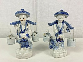 (2) Blue &amp; White Porcelain Chinese Figurines 2 Carrying Buckets / Pails ... - £38.84 GBP