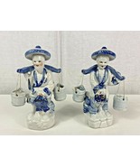 (2) Blue &amp; White Porcelain Chinese Figurines 2 Carrying Buckets / Pails ... - £40.19 GBP